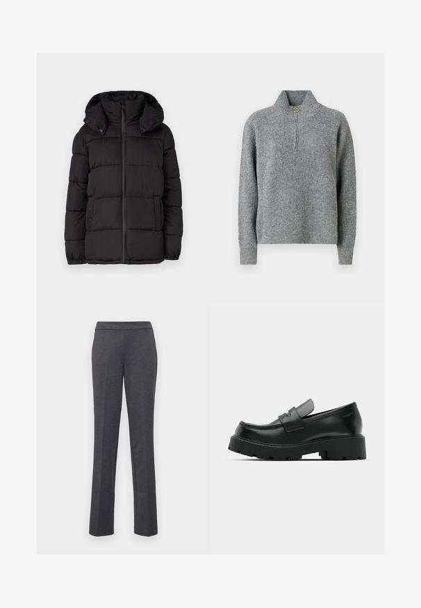 Veste puffer noire avec capuche, présentant des panneaux matelassés horizontaux, une fermeture éclair à l'avant et des accents à boutons-pression sur les côtés.; Pull en maille gris avec un col haut, demi-fermeture éclair, texture côtelée et manches longues. Présente un accent circulaire doré au niveau de la fermeture éclair.; Pantalons gris avec une coupe droite, texture lisse et une large ceinture. Comprend des poches latérales pour plus de praticité.; Mocassins en cuir noir avec une semelle épaisse et texturée, dotés d'une sangle sur le vamp et d'une finition lisse et polie.