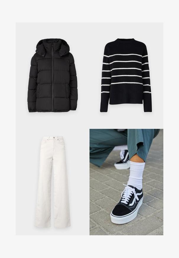 Chaqueta acolchada negra con capucha, con paneles acolchados horizontales, cierre frontal de cremallera y detalles de botones a presión en los laterales.; Vero Moda Tall VMFLAWLESS - Jersey de punto - black/birch; ONLY Tall ONLHOPE GLOBAL HIGH WAIST WIDE - Pantalones - pumice stone; Zapatillas de ante negro con acentos y cordones blancos, que cuentan con una gruesa suela blanca y costuras en contraste, combinadas con un calcetín blanco.