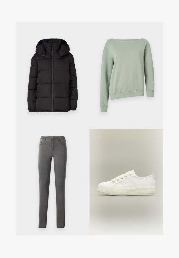 Zwarte pufferjas met capuchon, voorzien van horizontaal doorgestikte panelen, een rits aan de voorkant en drukknopaccenten aan de zijkanten.; Lichtgroene, off-the-shoulder sweatshirt. Gemaakt van zacht materiaal, het heeft lange mouwen en een ribgebreide zoom voor een ontspannen pasvorm. Geen patronen of accenten.; Grijze denim skinny jeans met een nauwsluitend ontwerp, vijf zakken en een enkele metalen knoopsluiting bij de taille.; Witte lage sneaker met dikke geribde zool, veters aan de voorkant en trek-lus aan de hiel tegen een neutrale achtergrond.