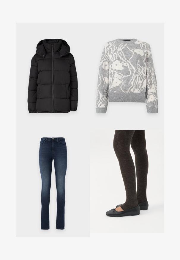 Sort oppustelig jakke med hætte, der har horisontale quiltede paneler, en frontlynlås og trykknapdetaljer på siderne.; Grå strikket sweater med et hvidt blomstermønster, rund halsudskæring og ribbede manchetter og kant, fremstillet af blødt materiale.; Mørk vaske denimjeans med slim fit, høj talje, fem lomme-design og metalknaplukning. Glat tekstur med let fading.; Ben iført mørke ribbede leggings kombineret med sorte balletsko med små sløjfedetaljer på hvid baggrund.
