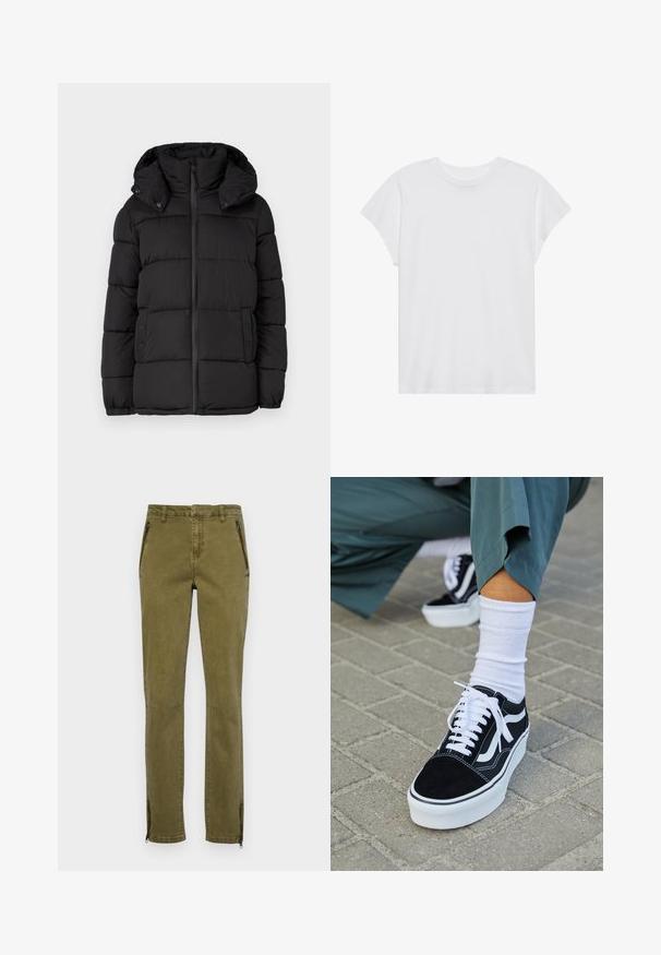 Zwarte pufferjas met capuchon, voorzien van horizontaal doorgestikte panelen, een rits aan de voorkant en drukknopaccenten aan de zijkanten.; Witte t-shirt met korte mouwen, ronde hals, relaxte pasvorm, gemaakt van zacht katoen. Glad textuur, geen patronen of logo's.; Olijfgroene broek van stevige stof met een slim fit. Voorzien van ritszakken en twee ritsen bij de mouwen voor verstelbare openingen.; Zwarte suède sneaker met witte accenten en veters, uitgerust met een dikke witte zool en contrasterende stiksels, gecombineerd met een witte sok.