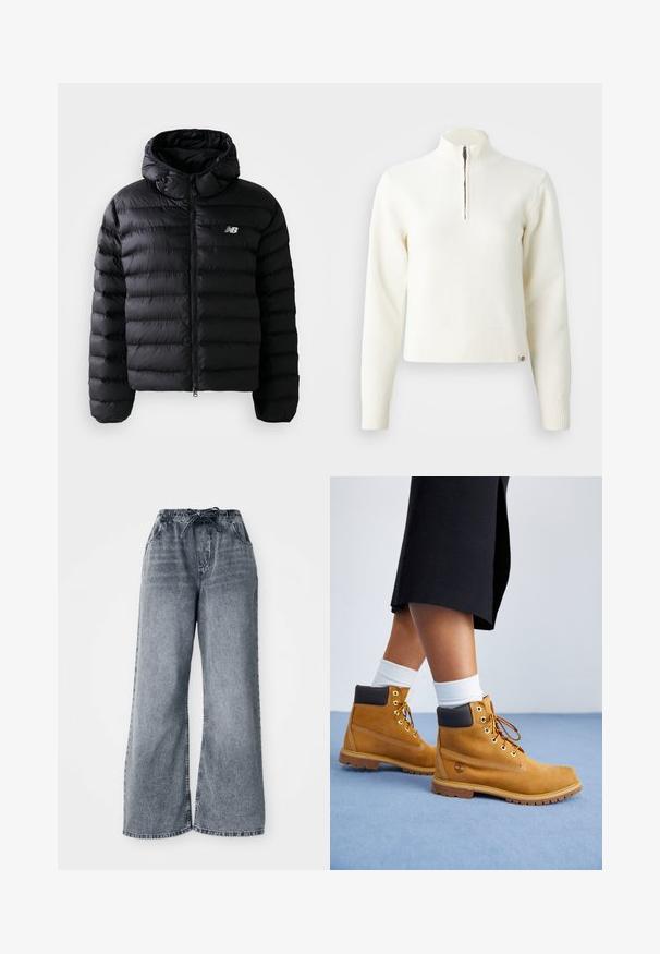 Sort puff jakke med hætte, med quiltet tekstur, lynlås lukning og reflekterende logo. Glat, letvægts materiale.; Hvid, sweater med lynlås ved halsen og lange ærmer. Lavet af et blødt strikmateriale, med ribbede manchetter og kant. Diskret mærke-logo ved kanten.; Grå jeans med brede ben, elastisk talje, snøre lukning og sidelommer. Bleget tekstur over hele stoffet.; Tan ruskindsankelstøvler med brune læderdetaljer, guldøjer og en struktureret sål. Hvide sokker synlige over støvlerne.