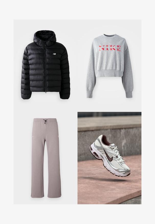 Sort puff jakke med hætte, med quiltet tekstur, lynlås lukning og reflekterende logo. Glat, letvægts materiale.; Grå cropped sweatshirt lavet af bomuldsblanding, med ribbede manchetter og kant. Fronten viser en fed rød "NIKE" logo med hvid tekst nedenfor.; Grå joggingbukser med snøre i taljen, sideslidser og en hvid logo på venstre side. Lavet af blødt stof med en afslappet pasform.; Hvid og sølv Nike løbesko med sort swoosh-logo ophængt over en betonoverflade udendørs.