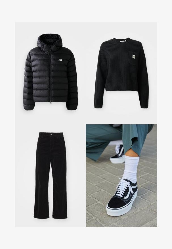 Sort puff jakke med hætte, med quiltet tekstur, lynlås lukning og reflekterende logo. Glat, letvægts materiale.; Sort ribbenstrikket sweater med rund hals, lange ærmer og en frontlomme med et lille logo patch. Forkortet længde.; Sorte fløjl brede bukser med høj talje, der har en frontknap- og lynlås lukning, samt lodrette ribbede tekstur over hele.; Sorte ruskinds sneakers med hvide accenter og snørebånd, der har en tyk hvid sål og kontrasterende syninger, parret med en hvid sok.
