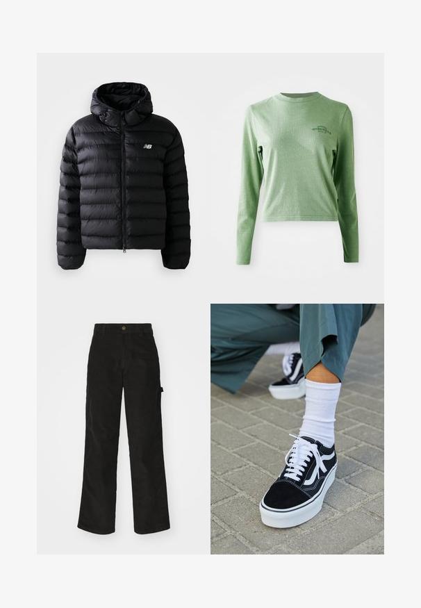 Sort puff jakke med hætte, med quiltet tekstur, lynlås lukning og reflekterende logo. Glat, letvægts materiale.; Lys grøn langærmet t-shirt lavet af blødt bomuld, med en rund halsudskæring og et lille trykt logo på øverste venstre side.; Sorte kordfløjsbukser med et lige ben-design, der har en knaplukning og sidelommer. Glat tekstur med fine lodrette striber.; Sorte ruskinds sneakers med hvide accenter og snørebånd, der har en tyk hvid sål og kontrasterende syninger, parret med en hvid sok.