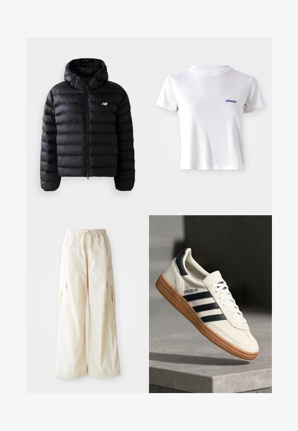 Sort puff jakke med hætte, med quiltet tekstur, lynlås lukning og reflekterende logo. Glat, letvægts materiale.; Hvid bomulds T-shirt med rund halsudskæring og korte ærmer, med et lille blåt "obey" logo på venstre brystområde.; Bredde cargo bukser i lys beige stof med elastisk talje, snøre lukning og sidelommer. Glat tekstur med minimal detaljer.; Hvide ruskinds sneakers med marineblå striber, gummisål, struktureret overdel, rund tå og snøring; har branding på siden og tungen.