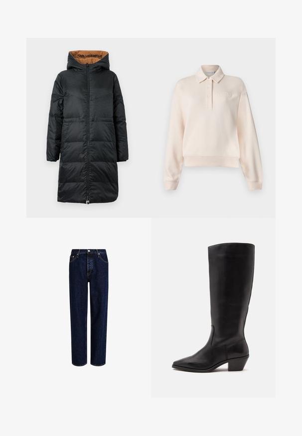 Sort polstret jakke med hætte, udstyret med lynlås foran, struktureret stof og beige foring med "KARL LAGERFELD" branding indeni.; Lyserød polo sweatshirt med kravehals, tre-knaps lukning og præget brandlogo på brystet. Blødt stof, afslappet pasform.; Mørkeblå denim jeans med lige ben-design, der har høj talje, fem-lomme-stil og kontrastsyninger. Ingen dekorationer.; Sort læderstøvle til midtkalv med spids tå og lavt skråt hæl på en enkel lys baggrund.