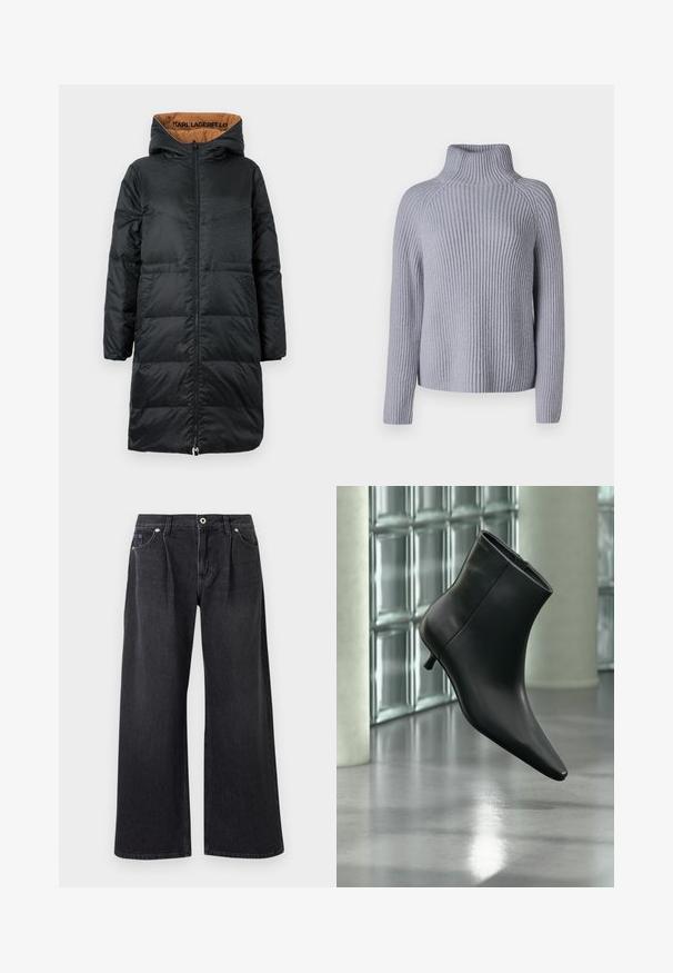 Abrigo acolchado negro con capucha, que cuenta con un cierre de cremallera frontal, tejido texturizado y forro en tono beige con la marca "KARL LAGERFELD" en el interior.; Suéter de punto acanalado gris claro con cuello alto, mangas largas y un ajuste relajado, que presenta un patrón texturizado y un dobladillo recto.; Vaqueros negros de pierna ancha, confeccionados en denim, con cierre de botón frontal, dos bolsillos frontales y un acabado limpio sin adornos.; Botín negro de cuero con punta puntiaguda y tacón bajo estilo kitten, mostrado en ángulo sobre un suelo pulido y con una pared de bloques de vidrio de fondo.