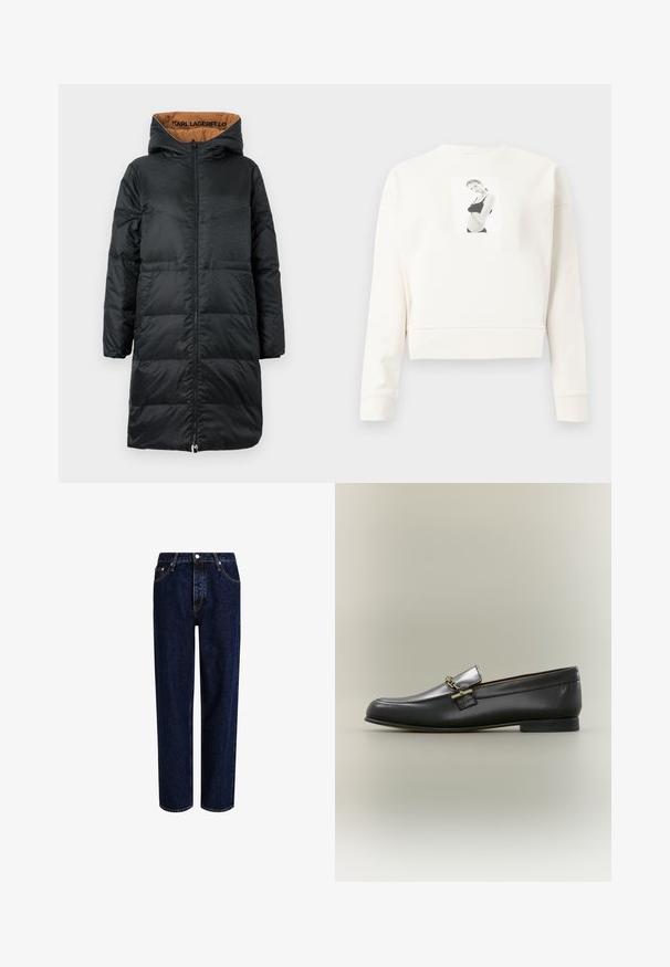 Sort polstret jakke med hætte, udstyret med lynlås foran, struktureret stof og beige foring med "KARL LAGERFELD" branding indeni.; Hvid langærmet cropped sweatshirt med et sort-hvidt trykt billede af en kvinde i sort undertøj på midten foran.; Mørkeblå denim jeans med lige ben-design, der har høj talje, fem-lomme-stil og kontrastsyninger. Ingen dekorationer.; Sort læderloafer med sølv øverste, gyldent kædedetalje, lav hæl og rundet tå på neutral baggrund.