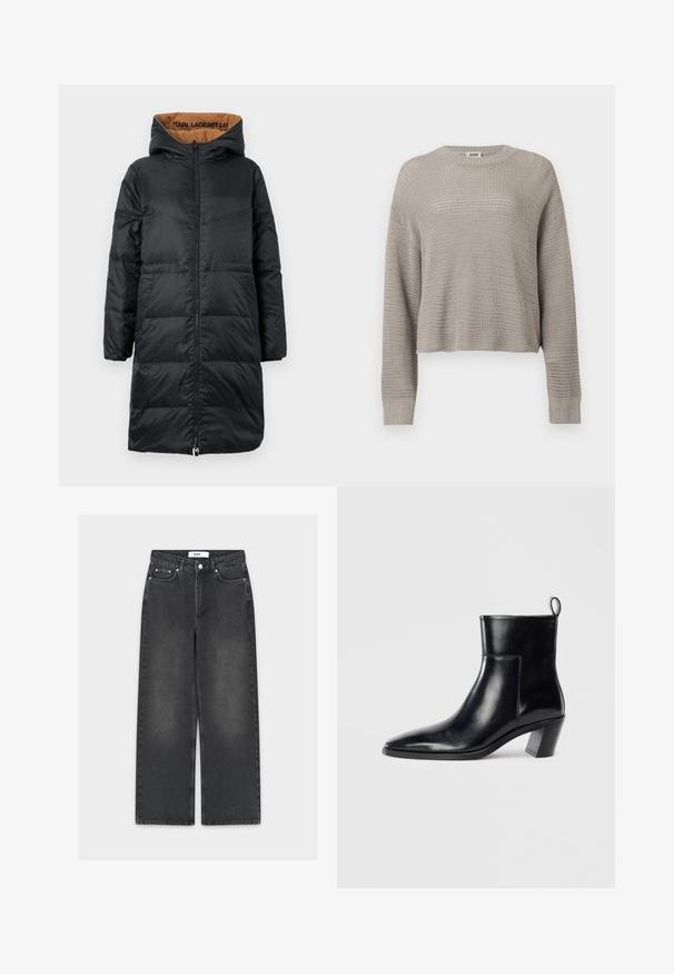 Zwarte gewatteerde jas met een capuchon, voorzien van een volledige rits aan de voorkant, textielstof en een tan voering met "KARL LAGERFELD" branding aan de binnenkant.; Lichtgrijze gebreide trui met lange mouwen, een ronde hals en geribbelde manchetten, met een los, opengeweven patroon over het geheel.; Zwarte wijde broekspijpen spijkerbroek met een vervaagde afwerking, voorzien van een knoop- en ritssluiting, een ontwerp met vijf zakken en contrasterend stiksel.; Zwarte leren enkelboot met een spitse neus, een geometrische gestapelde hak en een trekband aan de achterkant. Gladde textuur en slank ontwerp.