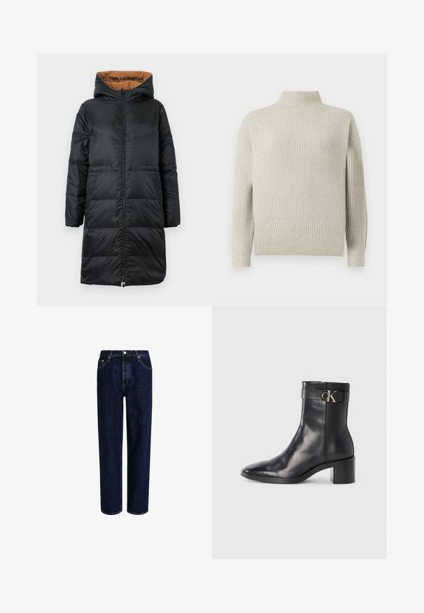 Schwarze gepolsterte Jacke mit Kapuze, ausgestattet mit einem durchgehenden Reißverschluss, strukturiertem Stoff und beiger Innenauskleidung mit "KARL LAGERFELD" Branding.; Hellgrauer, gerippter Rollkragenpullover mit langen Ärmeln und entspannter Passform. Strukturierter Strickstoff mit umgeschlagenen Ärmeln und Saum.; Dunkelblaue Denim-Jeans mit geradem Bein, hoher Taille, fünf Taschen und kontrastierenden Nähten. Ohne Verzierungen.; Schwarze Leder-Ankle Boots mit spitzem Zehenbereich, Blockabsatz und einem Riemen mit einem metallischen Logodetail. Glatte Textur und minimales Design.