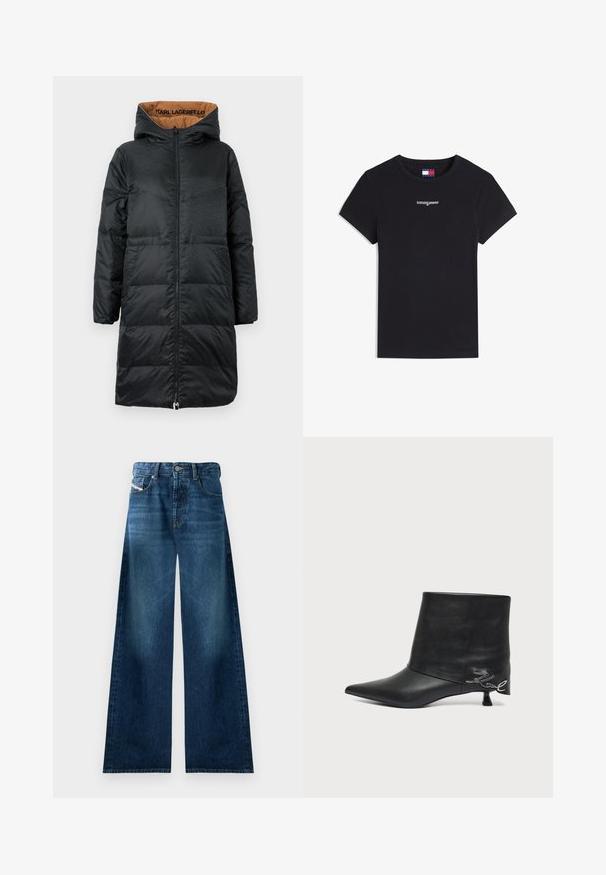 Sort polstret jakke med hætte, udstyret med lynlås foran, struktureret stof og beige foring med "KARL LAGERFELD" branding indeni.; Sort kortærmet ribstrikket bomulds-T-shirt med hvidt "tommyjeans" logo centreret på brystet og lille Tommy Jeans flaglabel inde i kraven.; Bredde denimjeans i mørk vask. Har traditionelt fem-lomme design, knappelukning og let falmning på lårerne.; Sort læderankelstøvle med spids tå, kort kittenhæl og sølvfarvet skriftlig detalje nær hælen.