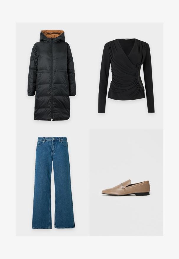 Sort polstret jakke med hætte, udstyret med lynlås foran, struktureret stof og beige foring med "KARL LAGERFELD" branding indeni.; Sort langærmet top med indpakningsdesign, der har draperet stof og samlet detaljering i siderne. Glat tekstur, enkelt udskæring.; Bredde ben blå denim jeans med et klassisk fem-lomme design, med en frontknap og lynlås lukning, samt en diskret falmet tekstur.; Tan læder loafers med spids tå, dekorativt sølv hardware-element og en lav sort hæl. Glat tekstur og minimalistisk design.