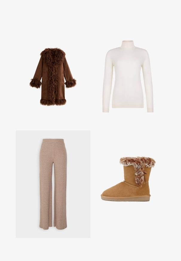 Manteau en fausse fourrure marron avec un col et des poignets duveteux, présentant un corps en tissu lisse et uni, ainsi que des poches latérales, conçu dans un style mi-long.; Pull col roulé crème à manches longues avec poignets et ourlet côtelés, présenté sur un fond blanc uni.; Pantalons larges en beige à côtes avec une taille haute et une texture douce, présentant une coupe loose et sans fermetures visibles.; Bottine en daim marron avec une doublure en fausse fourrure, détail de lacets, bout rond et semelle en caoutchouc texturée. Doublure intérieure douce visible.