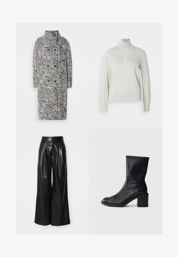 Manteau noir et blanc à motif en chevron avec un col haut, à double boutonnage à l'avant et deux grands boutons noirs. Design structuré.; Pull léger gris avec un col haut et une fermeture éclair quart. Fabriqué à partir d'un matériau doux et texturé, il présente des manches longues et un ourlet ajusté.; Pantalons large en faux cuir noir, taille haute, avec un devant plissé et une texture lisse. Caractéristiques d'un design épuré et minimaliste.; Botte en cuir noir à cheville avec un bout rond, texture lisse et un talon épais, présentant un tige ajustée et un subtil détail de couture.