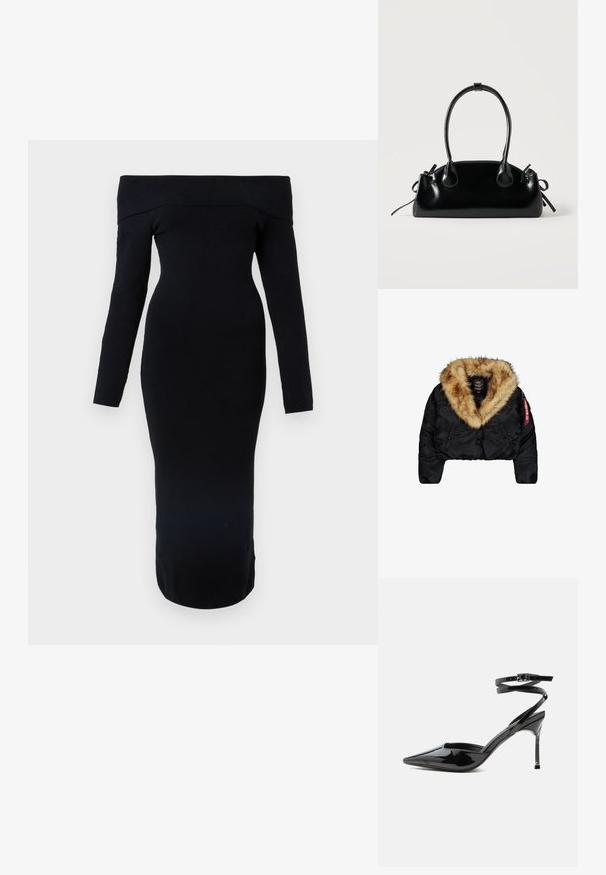 Afskåret sort jakke med en stor tan-farvet faux fur-krave, med frontknapper, sidelommer og et rødt logo mærke på ærmet.; Sort off-shoulder kjole med lange ærmer, tætsiddende silhuet, midt på læggen længde, lavet af strækbart stof, glat tekstur uden mønstre.; Sort laklæder spids tå stilet hæl med tynde ankremme og lille spænde.; Lille sort blank håndtaske med to lange håndtag og snøre-detaljer i siden på en ensfarvet lys baggrund.