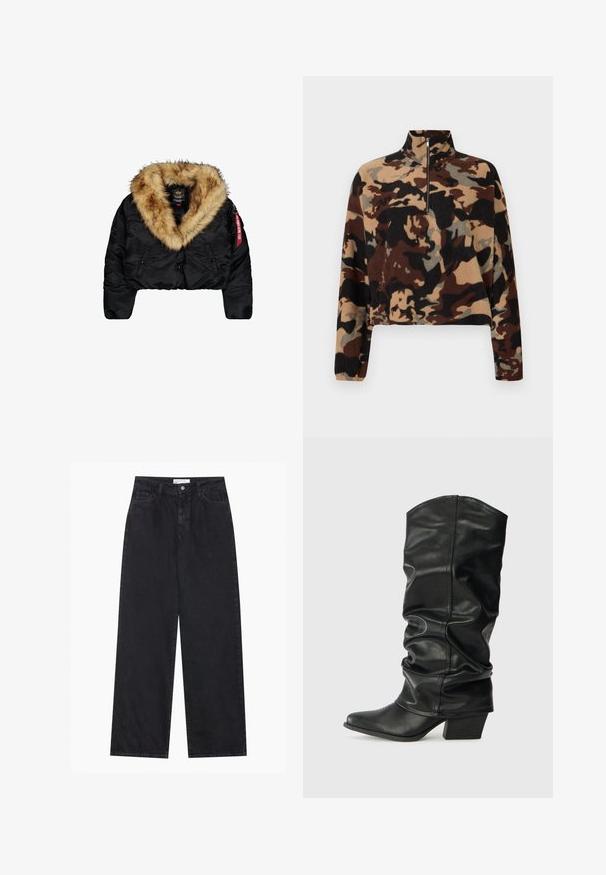 Afskåret sort jakke med en stor tan-farvet faux fur-krave, med frontknapper, sidelommer og et rødt logo mærke på ærmet.; Langærmet fleece-pullover med brun, sort og beige camouflage-mønster, med halv-lynlås krave og elastiske manchetter.; Sorte højtaljede bredbenede denimjeans med frontknap og lynlås, bæltestropper og fem-lomme stil.; Sorte læderknæhøje støvler med et skrånet design, spids tå og chunky hæl, der har en glat overflade og minimal syning.