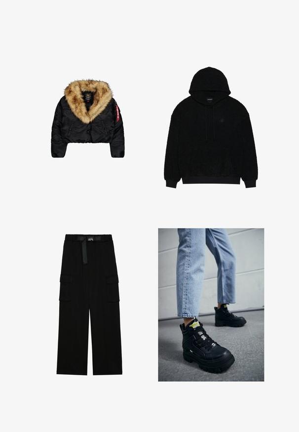 Afskåret sort jakke med en stor tan-farvet faux fur-krave, med frontknapper, sidelommer og et rødt logo mærke på ærmet.; Sort hætte sweatshirt lavet af tekstureret, fuzzy materiale. Har snoretræk og ribbede manchetter og kant. Diskret logo detalje foran.; Sorte cargo bukser med vidde ben, elastisk talje med bælte og to store sidelommer til opbevaring.; Sorte højtop sneakers med en chunky sål, med snørebåndsdesign, logo accenter og gule tags. Worn med lyseblå cropped jeans.