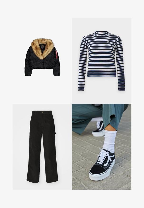 Afskåret sort jakke med en stor tan-farvet faux fur-krave, med frontknapper, sidelommer og et rødt logo mærke på ærmet.; Sort-hvidstribet langærmet top med høj hals, ribbet tekstur, med blå og beige accenter samt et lille logo på brystet.; Sorte kordfløjsbukser med et lige ben-design, der har en knaplukning og sidelommer. Glat tekstur med fine lodrette striber.; Sorte ruskinds sneakers med hvide accenter og snørebånd, der har en tyk hvid sål og kontrasterende syninger, parret med en hvid sok.