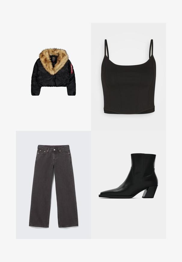 Veste noire coupée avec un grand col en fausse fourrure beige, dotée de boutons sur le devant, de poches latérales et d'une étiquette rouge sur la manche.; Even&Odd by Zalando Débardeur - black; Jean en denim noir à jambes larges avec rivets en cuivre, cinq poches et fermeture par boutons. Texture douce et robuste, coupe droite de la taille à l'ourlet.; Bottine en cuir noir avec un bout pointu, une silhouette élégante et un talon carré massif. Texture lisse avec des détails de couture minimalistes.