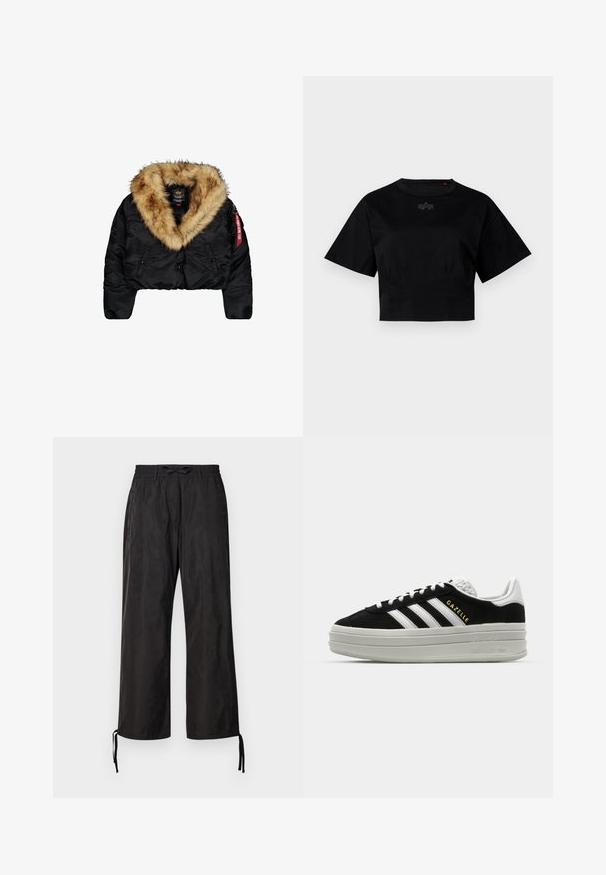 Afskåret sort jakke med en stor tan-farvet faux fur-krave, med frontknapper, sidelommer og et rødt logo mærke på ærmet.; Sort cropped t-shirt lavet af bomuld. Har korte ærmer og en rund halsudskæring. Indeholder en diskret logodetalje på brystet.; Sorte, løstsiddende bukser med elastisk talje og justerbare snøringer ved anklerne. Glat stof med en subtil glans.; Sort ruskind sneaker med hvide læderdetaljer, tre hvide striber, flade snørebånd og en tyk grå platformsål. Guldfarvet "Gazelle" branding.