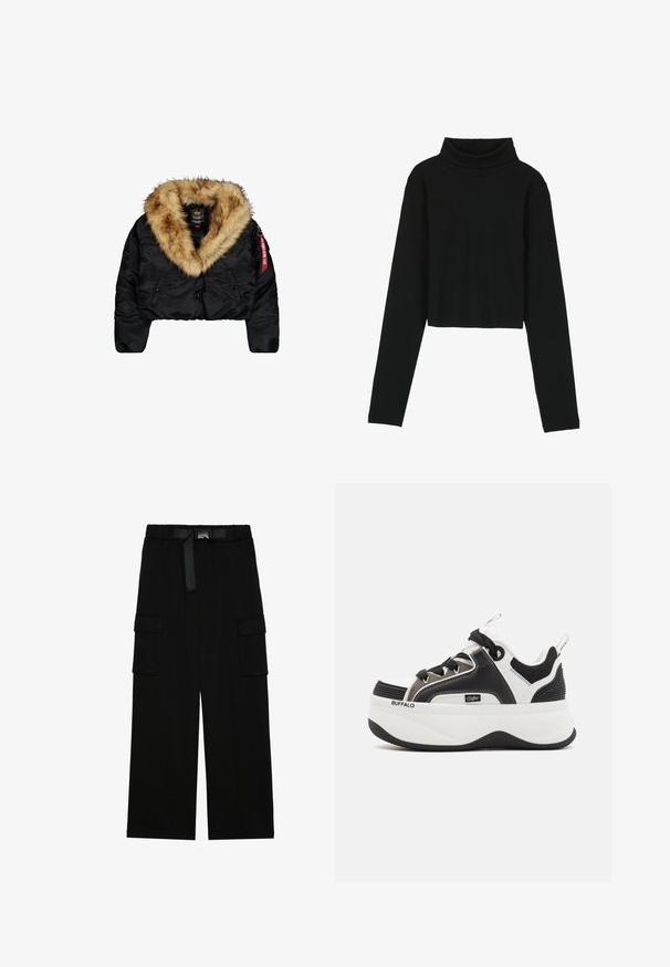 Afskåret sort jakke med en stor tan-farvet faux fur-krave, med frontknapper, sidelommer og et rødt logo mærke på ærmet.; Even&Odd by Zalando Langærmet T-shirt - black; Sorte cargo bukser med vidde ben, elastisk talje med bælte og to store sidelommer til opbevaring.; Platform sneakers med et sort og hvidt design, netdetaljer, teksturerede detaljer og et iøjnefaldende logo på siden.