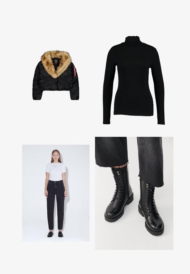 Afskåret sort jakke med en stor tan-farvet faux fur-krave, med frontknapper, sidelommer og et rødt logo mærke på ærmet.; Sort langærmet turtleneck top lavet af glat stof, med et tætsiddende design og høj hals, velegnet til lag-på-lag brug eller som en selvstændig beklædningsgenstand.; Ung kvinde med glat hår iført hvid kortærmet top, højtaljede sorte jeans, sorte slip-on sko og en vedhængshalskæde, stående.; Sorte ankelstøvler med en glat læderfinish, snørebånd foran og lynlås i siden. Tykke såler og detaljerede øjer tilføjer tekstur.