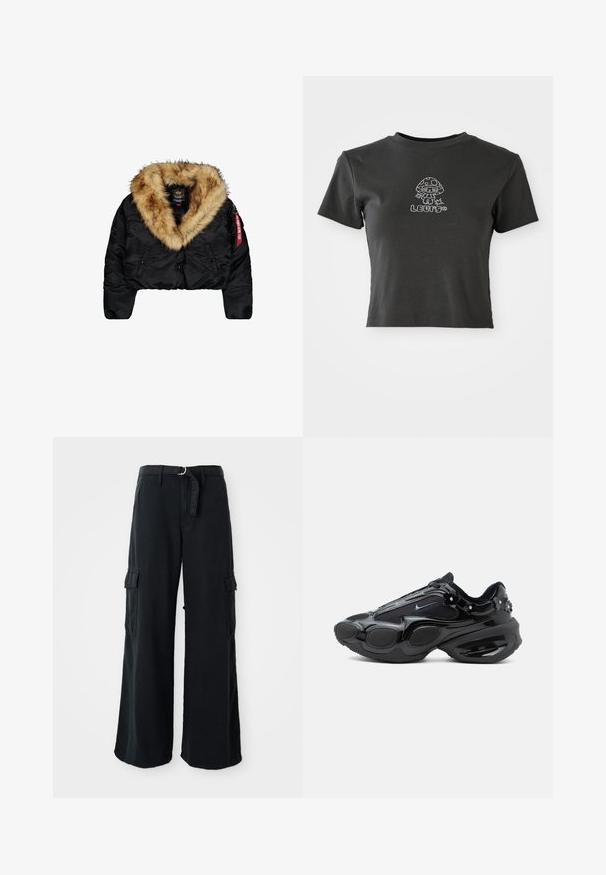 Afskåret sort jakke med en stor tan-farvet faux fur-krave, med frontknapper, sidelommer og et rødt logo mærke på ærmet.; Sort cropped t-shirt med korte ærmer, der har et rhinsten-besat tegneserie-svampebillede med ordet "LLUMO" nedenfor.; Sorte bredbenede cargo-bukser lavet af bomuld med et bånd, der kan bindes, og som har to sidelommer samt en glat stofstruktur.; Sort sneaker med skinnende og netpaneler, afrundede sålesegmenter og små blomsterudsmykninger nær hælen og snørebåndene.