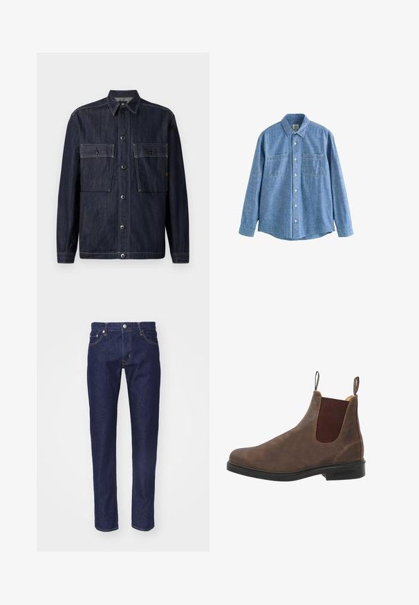 Chaqueta de mezclilla azul oscuro con mangas largas, cuello, cierre frontal de botones y dos grandes bolsillos con solapa y botones en el pecho.; Camisa azul de chambray de manga larga con botones al frente y dos bolsillos en el pecho, desplegada sobre un fondo blanco.; Vaqueros de denim azul marino con corte recto, diseño de cinco bolsillos, costuras en naranja contrastante y un cierre de botón plateado en la cintura.; Botín de cuero marrón hasta el tobillo con paneles elásticos en los costados, puntera redondeada y suela de goma negra. Detalles sutiles de textura y costura.