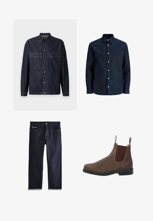 Chaqueta de mezclilla azul oscuro con mangas largas, cuello, cierre frontal de botones y dos grandes bolsillos con solapa y botones en el pecho.; Camisa vaquera de manga larga en azul oscuro con botones blancos y cuello puntiagudo, mostrada sobre un fondo blanco.; Vaqueros de mezclilla azul oscuro con un ajuste recto clásico, que cuentan con cinco bolsillos, cierre de botones y puños doblados que muestran un forro azul claro.; Botín de cuero marrón hasta el tobillo con paneles elásticos en los costados, puntera redondeada y suela de goma negra. Detalles sutiles de textura y costura.
