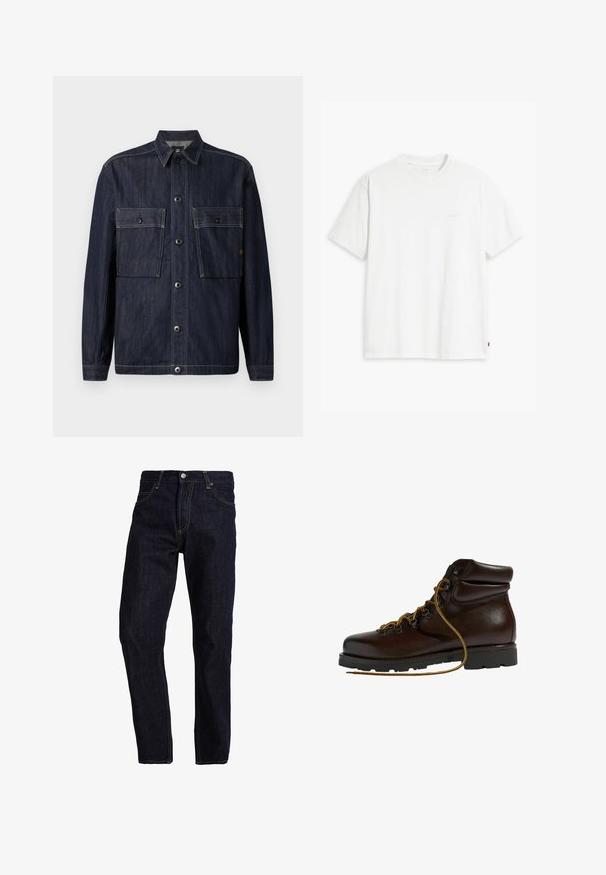 Mørkeblå denimjakke med lange ærmer, krave, knaplukning foran og to store klaplommer med knapper på brystet.; Hvid t-shirt i bomuld med korte ærmer, rund halsudskæring og en diskret "Levi's"-logo trykt i lyse farver på forsiden.; Mørkeblå denim jeans med lige pasform, med gul syning, fem lommer og en klassisk knap- og lynlås lukning.; Brun læder vandrestøvle med en afrundet tå, tekstureret overflade, gule snørebånd og metaløjer. Har en robust sort gummisål.