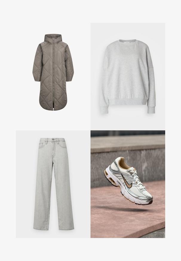 Lang, grå polstret frakke med lynlåslukning, diamantquiltet mønster og hætte. Har en glat tekstur og sidelommer.; Lys grå sweatshirt lavet af blødt stof, med rund halsudskæring, faldende skuldre og ribbede manchetter og kant for en afslappet pasform.; Lysegrå brede bukser lavet af denim, med høj talje, forlommer og en standard lukning med knap og lynlås.; Hvid og sølv Nike løbesko med beige swoosh-logo, vist i luften over en stens overflade med en sløret grå vægbaggrund.