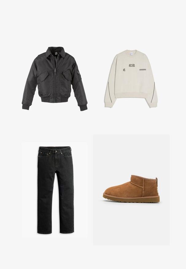 Veste bomber noire en nylon, avec une fermeture éclair à l'avant, deux grandes poches sur la poitrine, des poignets côtelés et un col montant.; Sweatshirt à col ras du cou couleur blanc cassé avec texte noir "acs." et "UNTITLED EVIDENCE" sur le devant, lignes noires le long des manches, poignets et ourlet côtelés.; Jean en denim noir à jambe droite avec cinq poches, passants de ceinture et fermeture par bouton à la taille, disposé à plat sur un fond blanc.; Bottine en suède beige avec un bout rond, des détails de couture subtils et une semelle en caoutchouc texturée. Hauteur courte sans lacets.