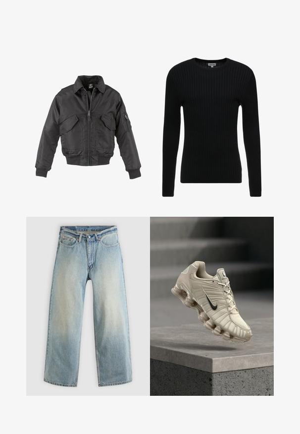 Veste bomber noire en nylon, avec une fermeture éclair à l'avant, deux grandes poches sur la poitrine, des poignets côtelés et un col montant.; Pull noir à manches longues en côte avec un col rond ; le tissu texturé présente des lignes verticales ; silhouette ajustée ; sans embellissements ni accents visibles.; Jean denim bleu clair à jambes larges avec une finition délavée. Comprend un design standard à cinq poches et une fermeture à bouton métallique.; Chaussure de course Nike beige avec swoosh noir, empeigne respirante et semelle segmentée distinctive, posée au-dessus d'une plateforme en béton.