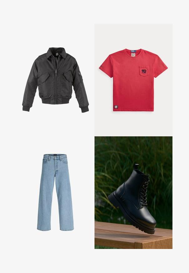 Zwarte bomberjack gemaakt van nylon, met een ritssluiting aan de voorkant, twee grote borstzakken, geribde boorden en een staande kraag.; Rood T-shirt met korte mouwen met een klein borstzakje met een donker logo en een label nabij de zoom op een witte achtergrond.; Lichtblauwe high-waist recht gesneden jeans met knoop- en ritssluiting aan de voorkant, riemlussen en voorzakken.; Zwarte leren enkelboot met een ronde neus, vetersluiting aan de voorkant en een dikke, gegroefde zool. Voorzien van een trekband op de kraag voor gemakkelijk aan- en uittrekken.