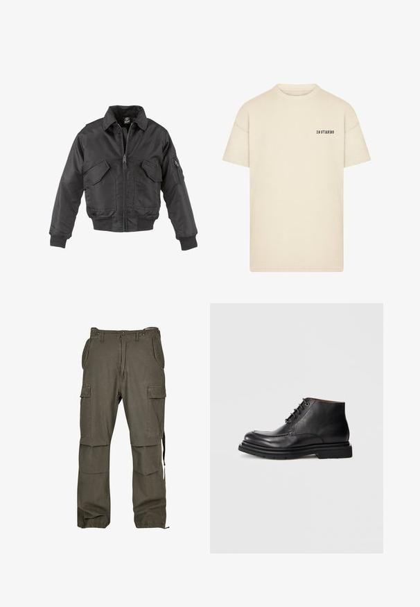 Sort bomberjakke lavet af nylon, med lynlås foran, to store brystlommer, ribbede manchetter og en opretstående krave.; Kræmfarvet bomulds T-shirt med korte ærmer. Har en lille sort logo-tekst på venstre brystområde. Klassisk rund halsudskæring.; Olivengrønne cargo bukser lavet af bomuld med flere lommer, lige pasform og justerbare ankelmanchetter. Har forstærkede sømme for holdbarhed.; Sorte læder ankelstøvler med snørebånd, rund tå og tyk gummisål på en ensfarvet hvid baggrund.