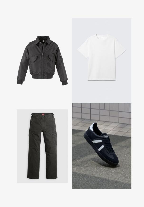 Schwarze Bomberjacke aus Nylon, mit Reißverschluss vorne, zwei großen Brusttaschen, gerippten Bündchen und Stehkragen.; Weißes T-Shirt mit kurzen Ärmeln und Rundhalsausschnitt, flach liegend, schlichtes Design, mit „WEEKDAY“-Etikett innen im Kragen auf hellem Hintergrund.; Dunkelgraue Cargo-Hosen aus strapazierfähigem Baumwollstoff, ausgestattet mit Seitentaschen, einer lockeren Passform und einem Knopfverschluss an der Taille.; Schwarze Leder-Sneaker mit weißen Streifen, strukturiertem Gummisohle und Schnürung. Verfügt über ein Markenetikett auf der Zunge.