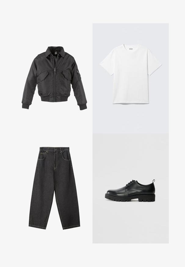 Sort bomberjakke lavet af nylon, med lynlås foran, to store brystlommer, ribbede manchetter og en opretstående krave.; Hvid kortærmet crewneck T-shirt lagt fladt ud, ensfarvet design, med "WEEKDAY" mærkat inde i kraven på en lys baggrund.; Sorte denim brede bukser med gule sømme, fem-lomme-design og en mid-rise talje. Struktureret stof med en glat overflade.; Sort læder sko med en rund tå, der har snørelukning, solid sort gummisål og en lille hælflap bagpå.