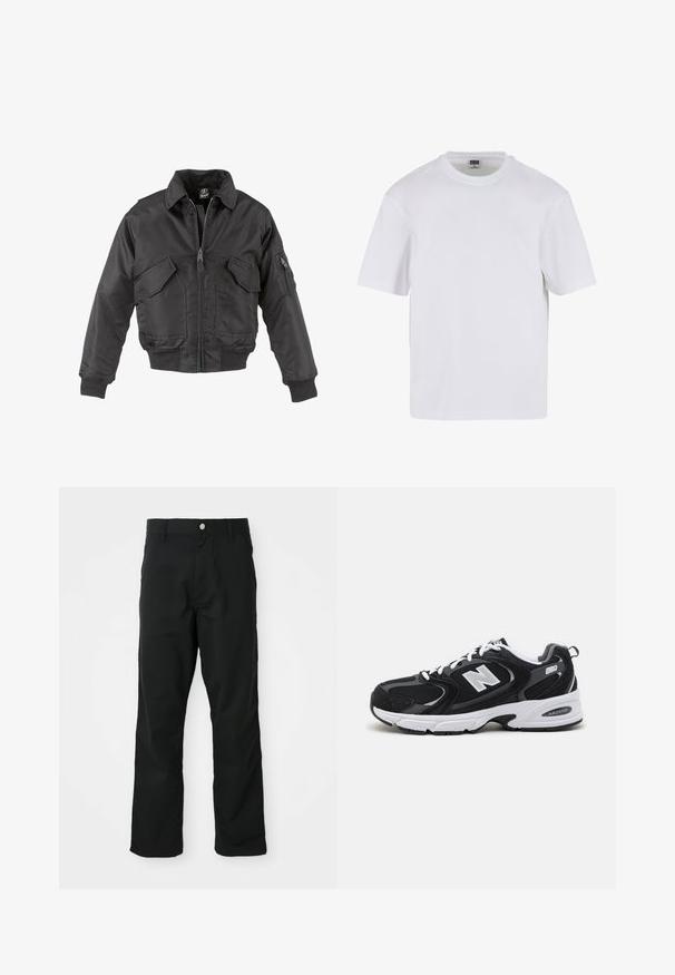 Schwarze Bomberjacke aus Nylon, mit Reißverschluss vorne, zwei großen Brusttaschen, gerippten Bündchen und Stehkragen.; Weißes T-Shirt mit kurzen Ärmeln aus Baumwolle. Besitzt einen Rundhalsausschnitt und eine lockere Passform. Glatte Textur, minimalistisches Design, ohne Muster oder Akzente.; Schwarze gerade geschnittene Hosen mit Knopf- und Reißverschluss, Gürtelschlaufen und Seitentaschen, präsentiert vor einem weißen Hintergrund.; Schwarze und graue Sportschuhe mit Obermaterial aus Mesh und Wildleder, ausgestattet mit einer weißen Zwischensohle, Schnürsenkeln und einem markanten "N"-Logo an der Seite.