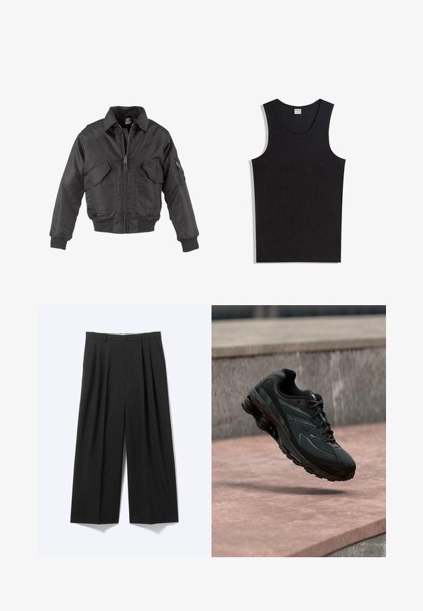 Sort bomberjakke lavet af nylon, med lynlås foran, to store brystlommer, ribbede manchetter og en opretstående krave.; Sort tanktop lavet af bomuld med rund halsudskæring og ærmeløs design. Glat tekstur uden synlige mønstre eller accenter.; Sorte bukser med vide ben, forplisser, bæltestropper og knaplukning vist på en ensartet lys baggrund.; Sort atletisk sneaker med synligt luftdæmpende mellemsål, der svæver over en pink stenoverflade med en grå stenvæg i baggrunden.