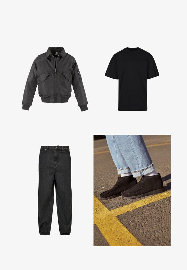 Sort bomberjakke lavet af nylon, med lynlås foran, to store brystlommer, ribbede manchetter og en opretstående krave.; Sort T-shirt med korte ærmer og rund hals, afslappet pasform, ensfarvet design uden synlige logoer eller mønstre.; Sorte denimjeans med en afslappet pasform, der har en frontknaplukning, fem lommer og subtile slidte detaljer på stoffet.; Sorte suede ankelstøvler med en glat overflade, buet tå og syede detaljer. Kombination med lyseblå buksere jeans med opfoldede manchetter og hvide sokker.