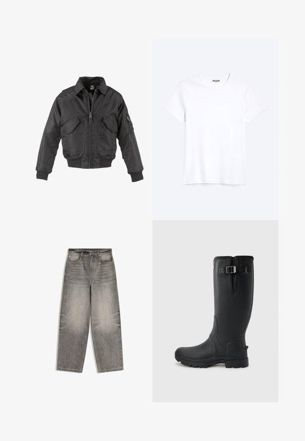 Sort bomberjakke lavet af nylon, med lynlås foran, to store brystlommer, ribbede manchetter og en opretstående krave.; Enkelt hvid T-shirt med korte ærmer og rund hals med synligt WEEKDAY-mærke i kraven, vist på en lys baggrund.; Grå denimjeans med vide ben, frontknap, lynlåslukning, bæltestropper og fem-lomme design lagt fladt på en hvid baggrund.; Sort vanntæt gummistøvle med justerbar spænde, struktureret overflade, let buet form og en robust sål for godt greb.