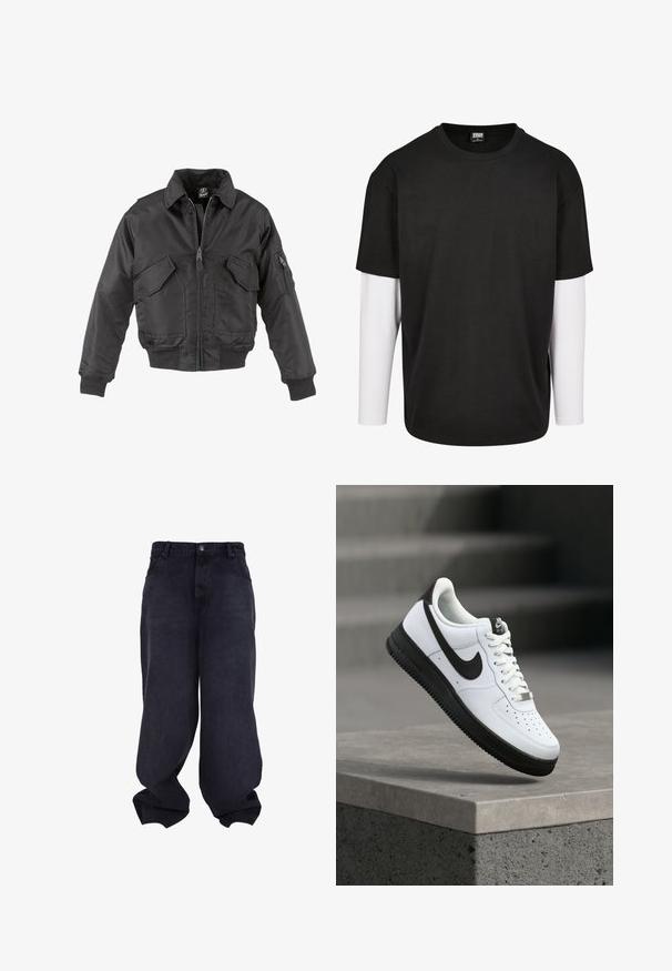 Zwarte bomberjack gemaakt van nylon, met een ritssluiting aan de voorkant, twee grote borstzakken, geribde boorden en een staande kraag.; Zwarte T-shirt met korte mouwen en een witte laag met lange mouwen eronder. Gemaakt van katoen met een ronde hals en een relaxte pasvorm.; Zwarte oversized baggy jeans met knoop- en ritssluiting aan de voorkant, voorzakken en losse, brede pijpen.; Witte leren sneaker met zwarte accenten, afgeronde neus en geperforeerde details. Zwarte rubberen zool met een gestructureerd patroon en vetersluiting.