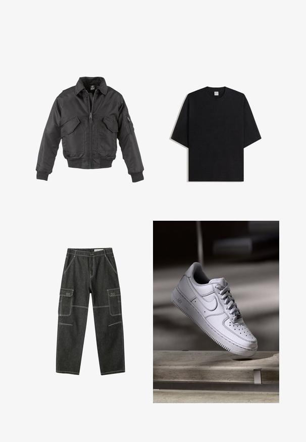 Sort bomberjakke lavet af nylon, med lynlås foran, to store brystlommer, ribbede manchetter og en opretstående krave.; Sort oversized t-shirt med rund hals og korte ærmer, lagt fladt på hvid baggrund, Bershka-mærket synligt inde i kraven.; Bershka BAGGY CARGO - Loose-jeans - black; Hvid læder Nike Air Force 1 sneaker med perforeret tå, flade snørebånd og tekstureret gummisål med "AIR" branding på siden.
