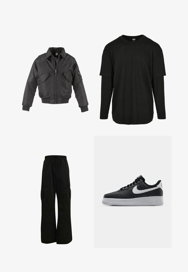 Čierna bomber bunda vyrobená z nylonu, so zipsom na prednej strane, dvoma veľkými hrudnými vreckami, rebrovanými manžetami a stojatým golierom.; Urban Classics OVERSIZED SHAPED DOUBLE LAYER LS TEE - Top s dlhým rukávom - black/black; Čierne cargo nohavice s elastickým pásom, voľným strihom a veľkými bočnými vreckami pre praktickosť a pohodlie. Hladký povrch.; Čierne kožené tenisky s textúrovaným povrchom, biely Nike swoosh, šedá podrážka, okrúle špičky a šnurovací dizajn. Obsahuje perforácie na špičke.