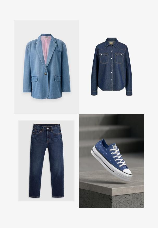 Blazer de mezclilla azul claro con un corte holgado, cierre de un solo botón, dos bolsillos delanteros y un forro interior rosa. Cuello estándar y solapas.; Camisa de mezclilla azul oscuro con cuello tipo puntiagudo, dos bolsillos en el pecho y acentos cosidos. Cuenta con cierre de botones y mangas largas.; Jeans de mezclilla azul oscuro con un diseño de pierna recta. Cuentan con una cremallera con cierre de botón, cinco bolsillos y costuras en contraste.; Zapatilla Converse azul con cordones blancos y patrones de estrellas flotando sobre un bordillo de concreto con escaleras al fondo.