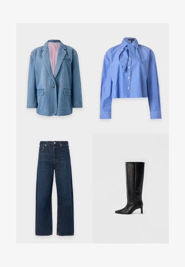 Blazer de mezclilla azul claro con un corte holgado, cierre de un solo botón, dos bolsillos delanteros y un forro interior rosa. Cuello estándar y solapas.; Camisa azul recortada con rayas verticales blancas, mangas largas, cierre de botones al frente y un gran cuello sobredimensionado con un detalle de tela atado.; Jeans de pierna ancha en azul oscuro con cierre de botones, trabillas para cinturón y diseño clásico de cinco bolsillos. Textura de mezclilla suave con desvanecimiento mínimo.; Botas negras hasta la rodilla hechas de cuero suave, con punta puntiaguda y tacón delgado, con caña ajustada y diseño minimalista.