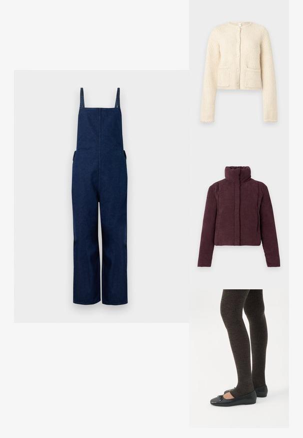 Chaqueta acolchada corta para mujer en terciopelo corduroy púrpura oscuro, con cuello alto y mangas largas, presentada sobre un fondo liso.; Pantalones de mezclilla azul marino con perneras amplias, tirantes ajustables y bolsillos laterales, que presentan un diseño limpio y minimalista con una textura suave.; Cardigan recortado color crema, con tela texturizada y acanalada verticalmente, cierre delantero con botones y dos bolsillos de parche.; Piernas con leggings oscuros acanalados combinados con bailarinas negras que presentan pequeños detalles de lazo sobre un fondo blanco.