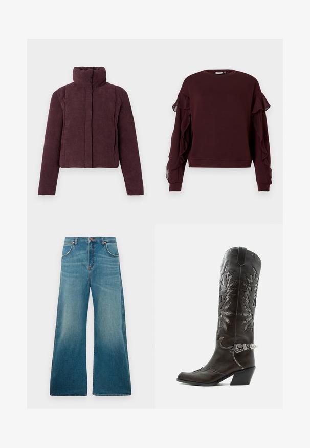 Veste courte matelassée pour femmes en velours côtelé prune foncé avec un col haut et des manches longues, présentée sur un fond uni.; Sweatshirt long noir bordeaux à manches longues avec des détails en ruffles transparents le long des manches et des poignets et un ourlet côtelés.; Jeans en denim bleu taille haute avec jambes larges, poches avant, fermeture à bouton et dégradé de couleur usé allant de la taille à l'ourlet.; Botte de cowboy en cuir noir avec découpes décoratives, boucle argentée et talon incliné, présentée sur fond blanc.