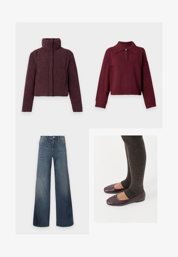 Chaqueta acolchada corta para mujer en terciopelo corduroy púrpura oscuro, con cuello alto y mangas largas, presentada sobre un fondo liso.; Suéter burdeos con cuello camisa, tapeta de tres botones y ribetes en el bajo y los puños. Textura suave con un ajuste relajado.; Vaqueros de pierna ancha en azul oscuro, con un acabado desgastado, cierre de botón y estilo de cinco bolsillos. Textura suave, detalles de costura mínimos.; Bailarinas de charol burdeos con diseño de punta cuadrada, combinadas con calcetines de punto acanalado marrón oscuro que llegan a la mitad de la pantorrilla.